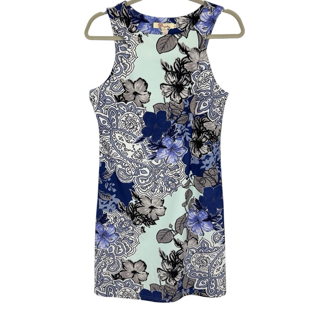 Aryeh Sleeveless Dress size Small Blue Floral Stretch Jersey Knee Length Resort